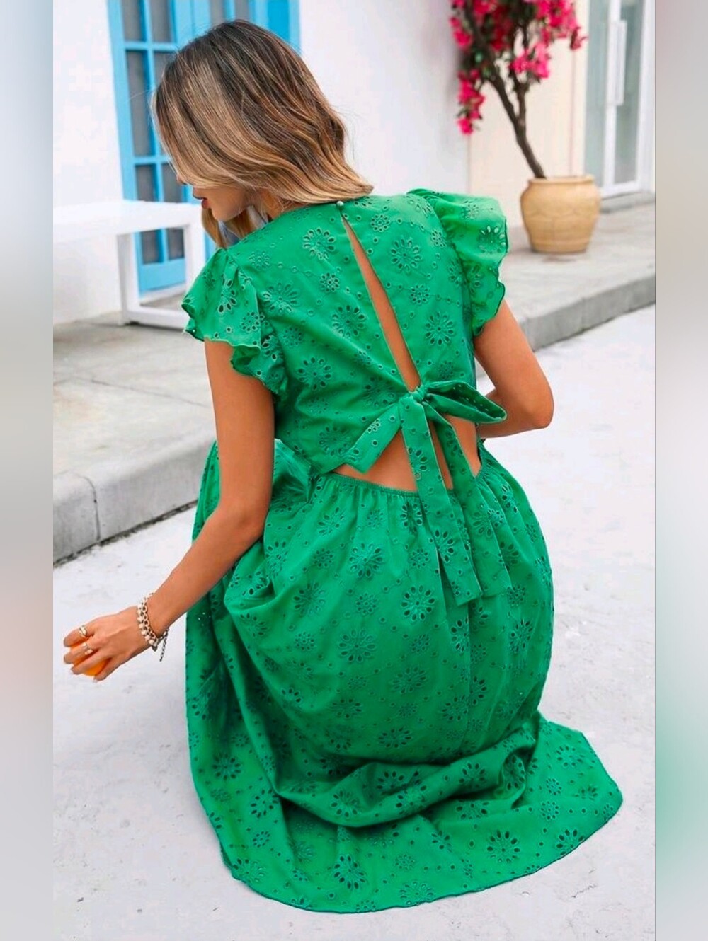 New Embroidered Eyelet Lace Ruffle Sleeve Tie Back Maxi Dress Green - Picture 6 of 10